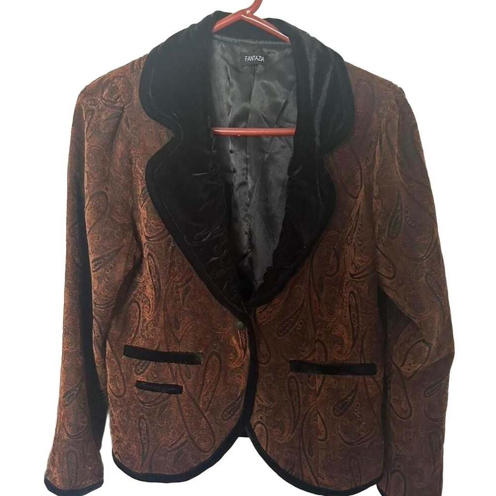 Fantasia Brown Paisley Velvet Blazer with Black Satin Lapels